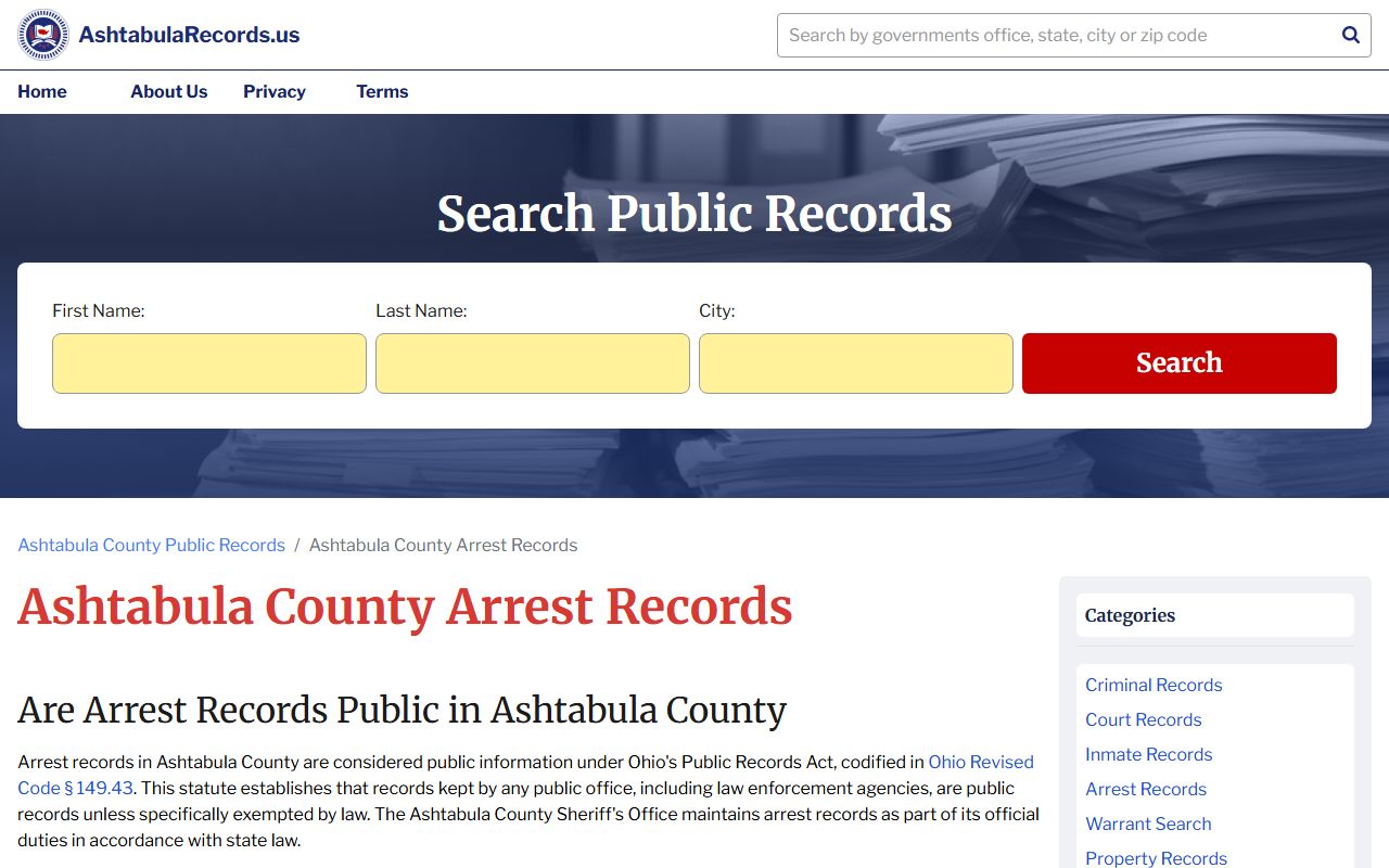 Ashtabula County records portal for 24 hour booking search