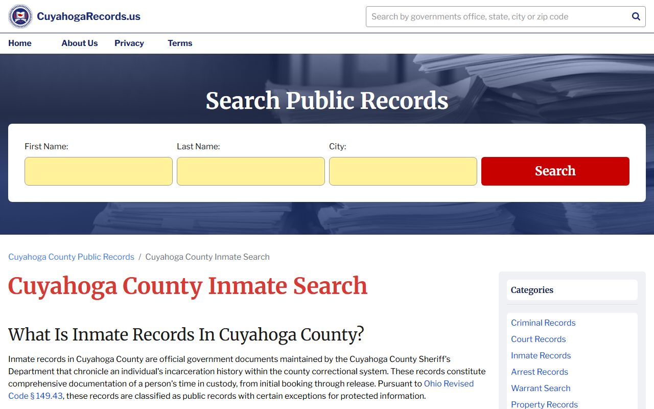 Cuyahoga County 24 hour booking inmate search portal