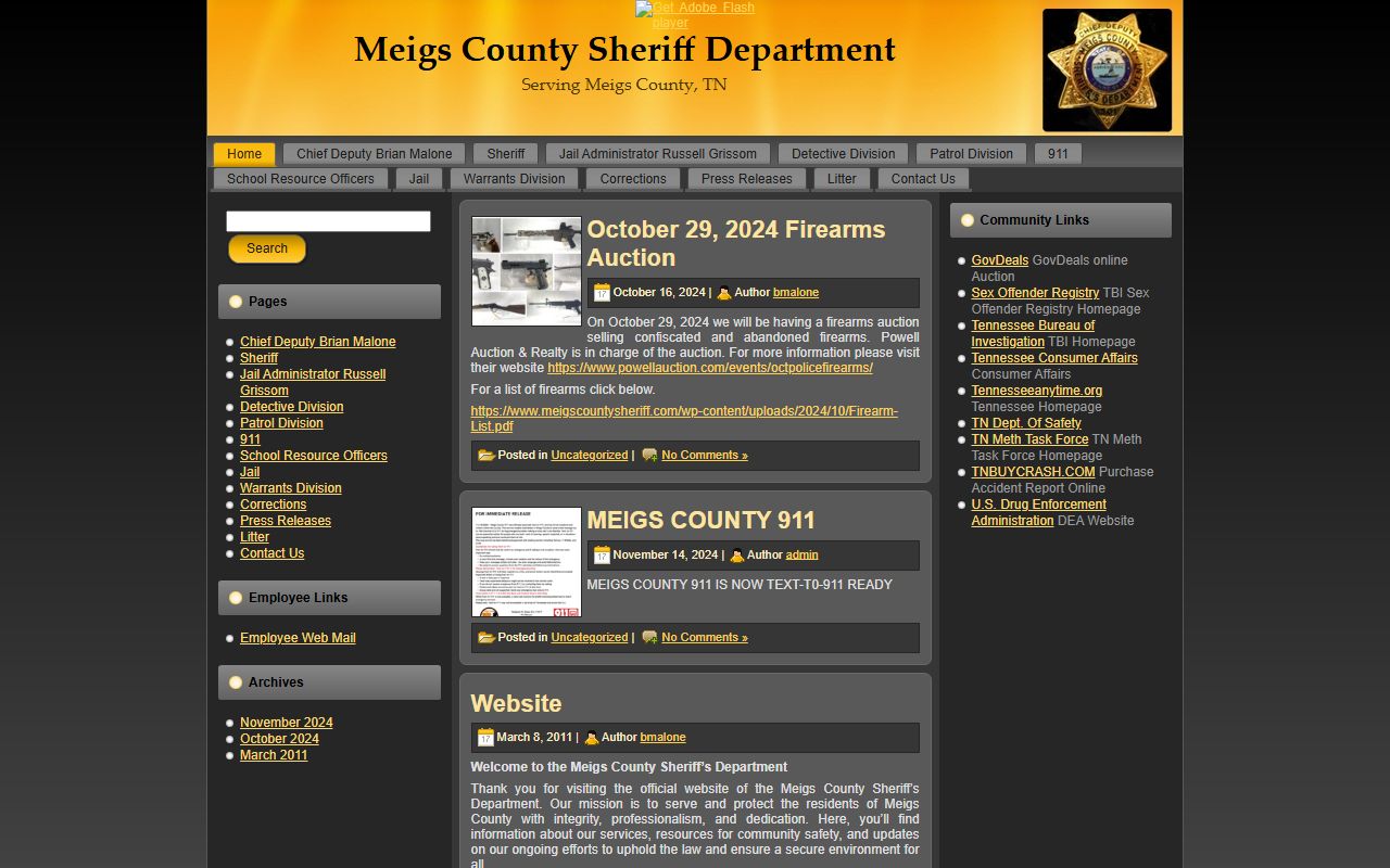 Meigs County Sheriff's Office website for 24 hour booking records